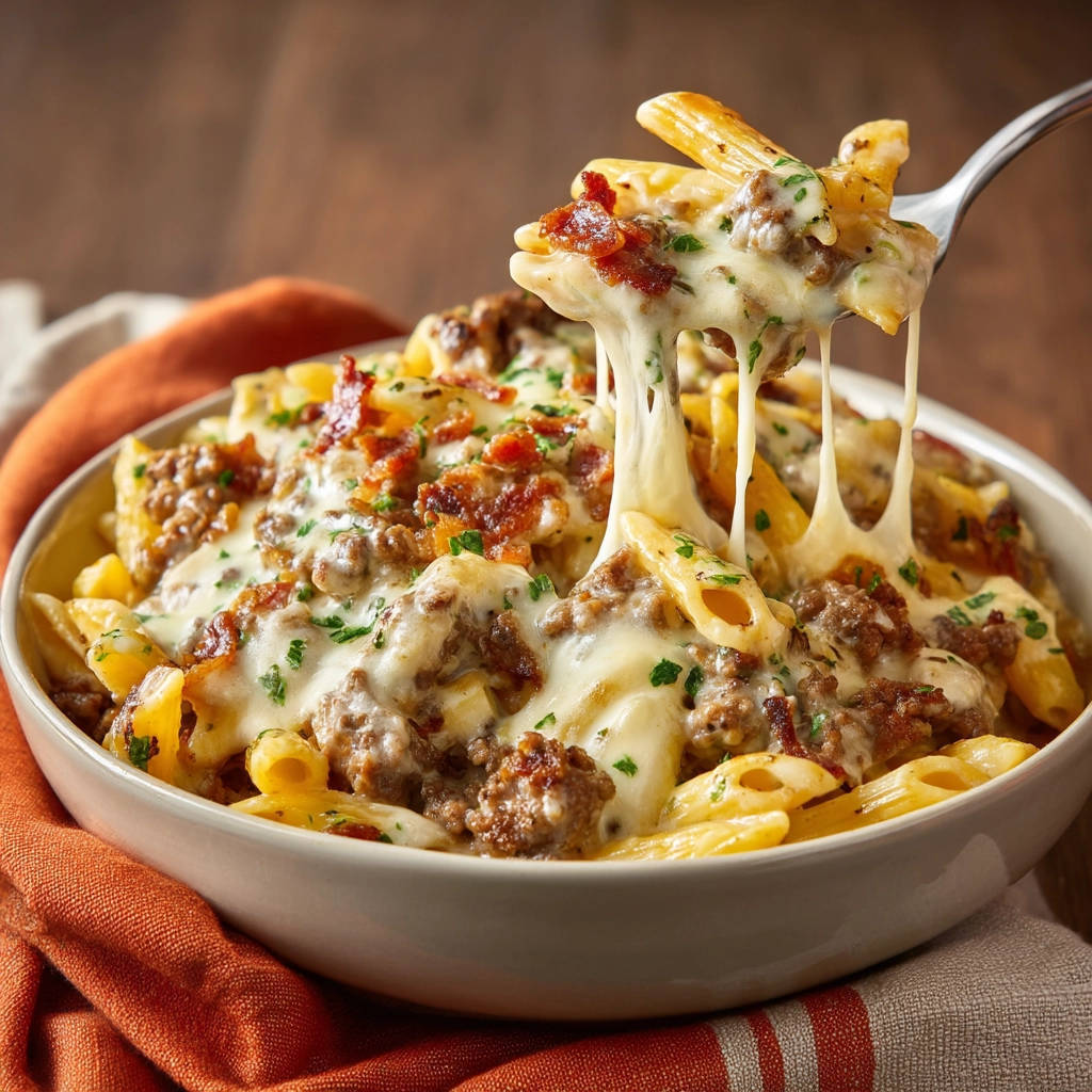 Käse-Hack-Pasta mit Speck, mit einem Löffel herausgehoben, wobei der geschmolzene Käse Fäden zieht