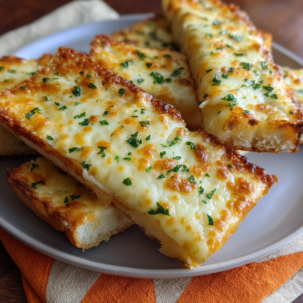 Käse-Knoblauch-Brot in Scheiben, mit geschmolzenem Käse und Petersilie garniert, auf einem Teller serviert.