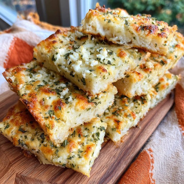 Käse-Kräuter-Brot als saftiger Querschnitt gestapelt mit geschmolzenem Käse und Kräutern garniert.