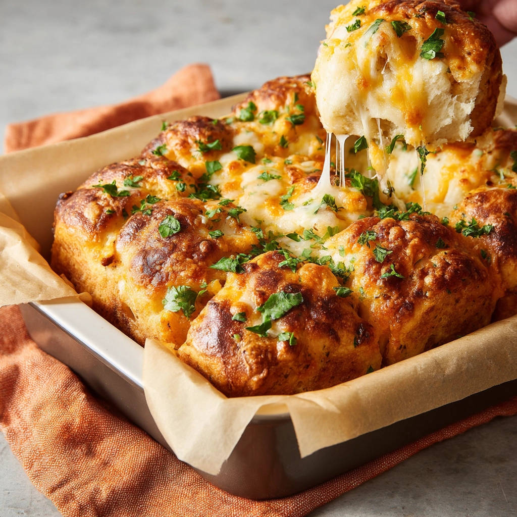 Käse-Zupfbrot mit Kräuterbutter, ein Stück wird herausgezogen und zeigt den geschmolzenen Käse.