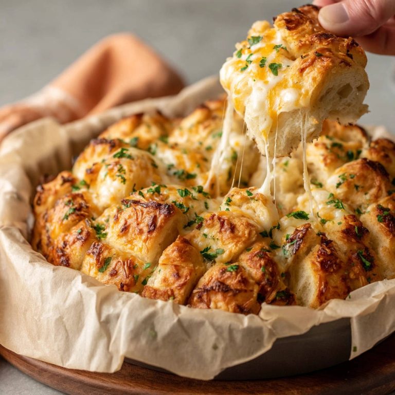 Käse-Zupfbrot mit Kräuterbutter angeschnitten, wobei geschmolzener Käse in langen Fäden heraushängt.