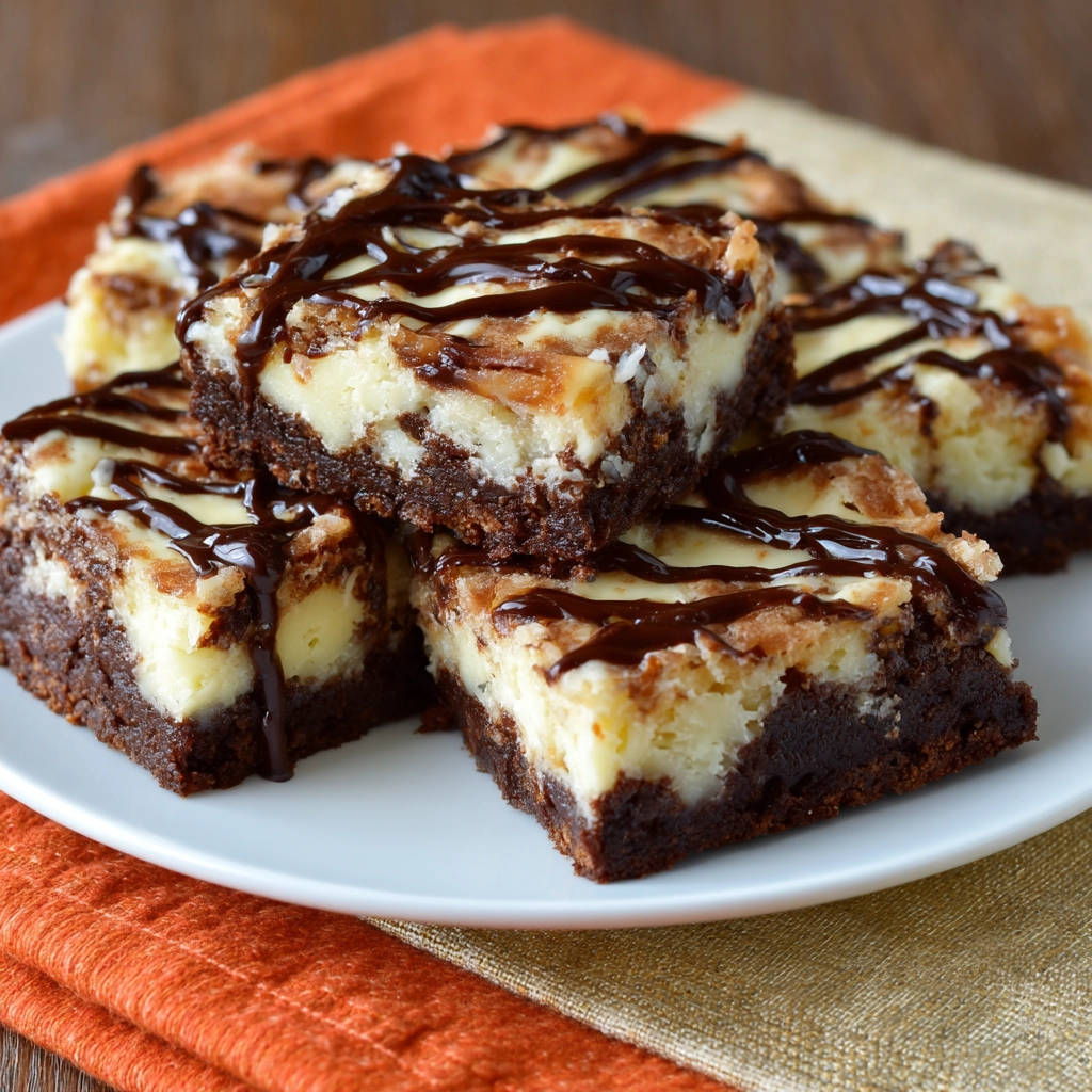 Käsekuchen Brownies mit Schokoladenglasur, Nahaufnahme der saftigen Schichten und der zarten Schokoladendekoration
