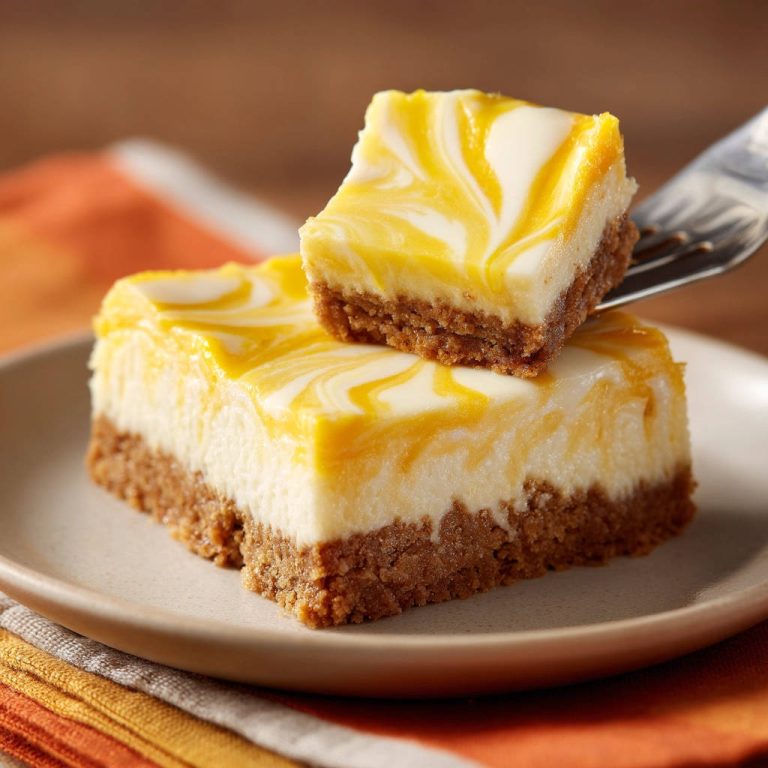 Käsekuchen-Schnitten mit Mango-Swirl, angeschnitten und auf einer Gabel, zeigen die cremige Textur und den Swirl.