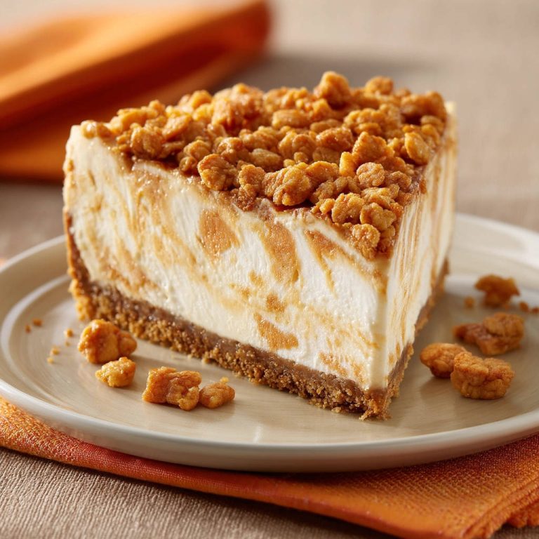 Karamell-Swirl Käsekuchen mit Knusper-Topping, ein angeschnittenes Stück auf einem Teller mit Krümeln daneben.