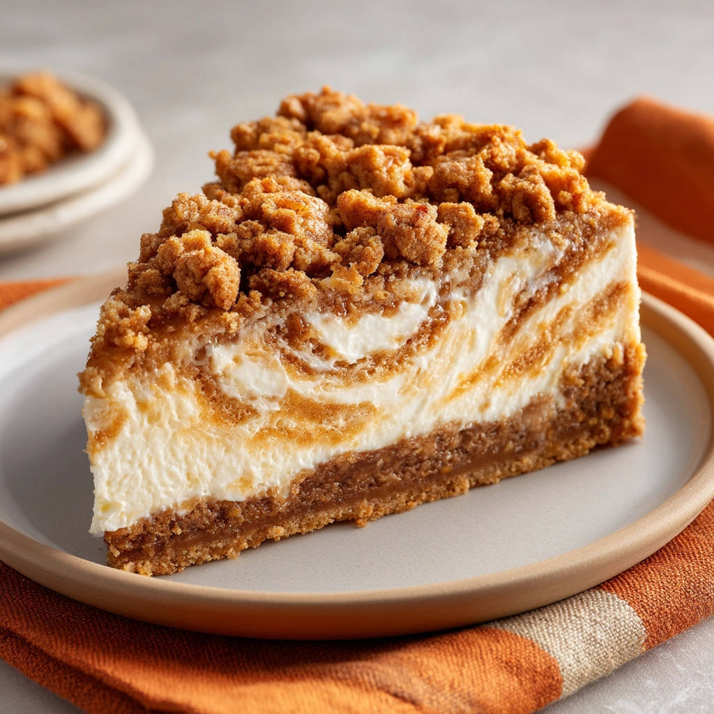 Karamell-Swirl Käsekuchen mit Knusper-Topping als Anschnitt auf einem Teller mit sichtbaren Karamellwirbeln und Streuseln.