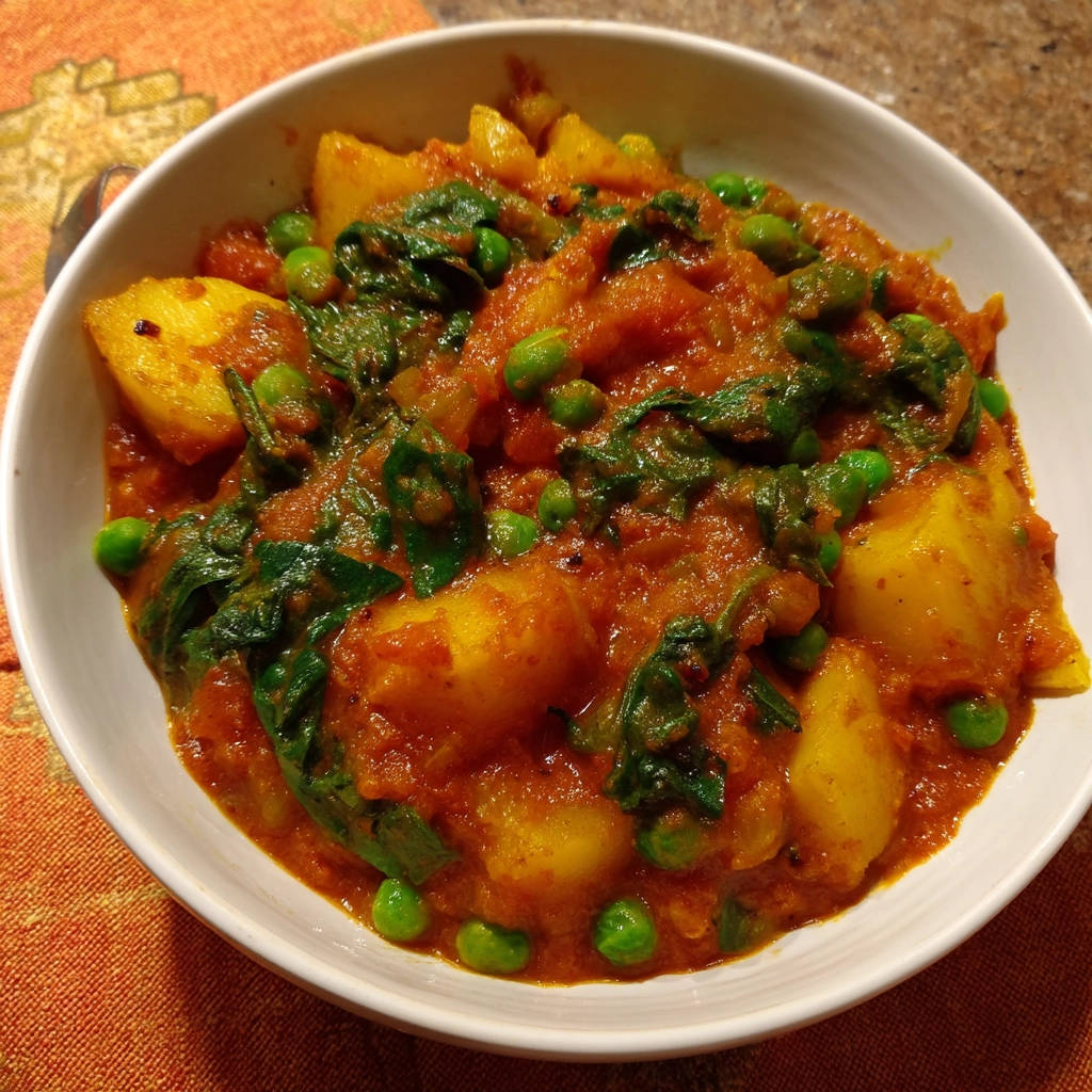 Deutsches Kartoffel-Erbsen-Curry mit Spinat, serviert in einer weißen Schüssel, Nahaufnahme des dampfenden Gerichts.
