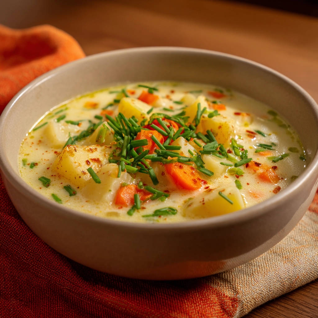 Kartoffel-Möhren-Suppe mit frischer Schnittlauch-Garnitur und einem Hauch Paprikapulver, serviert in einer cremigen Brühe.