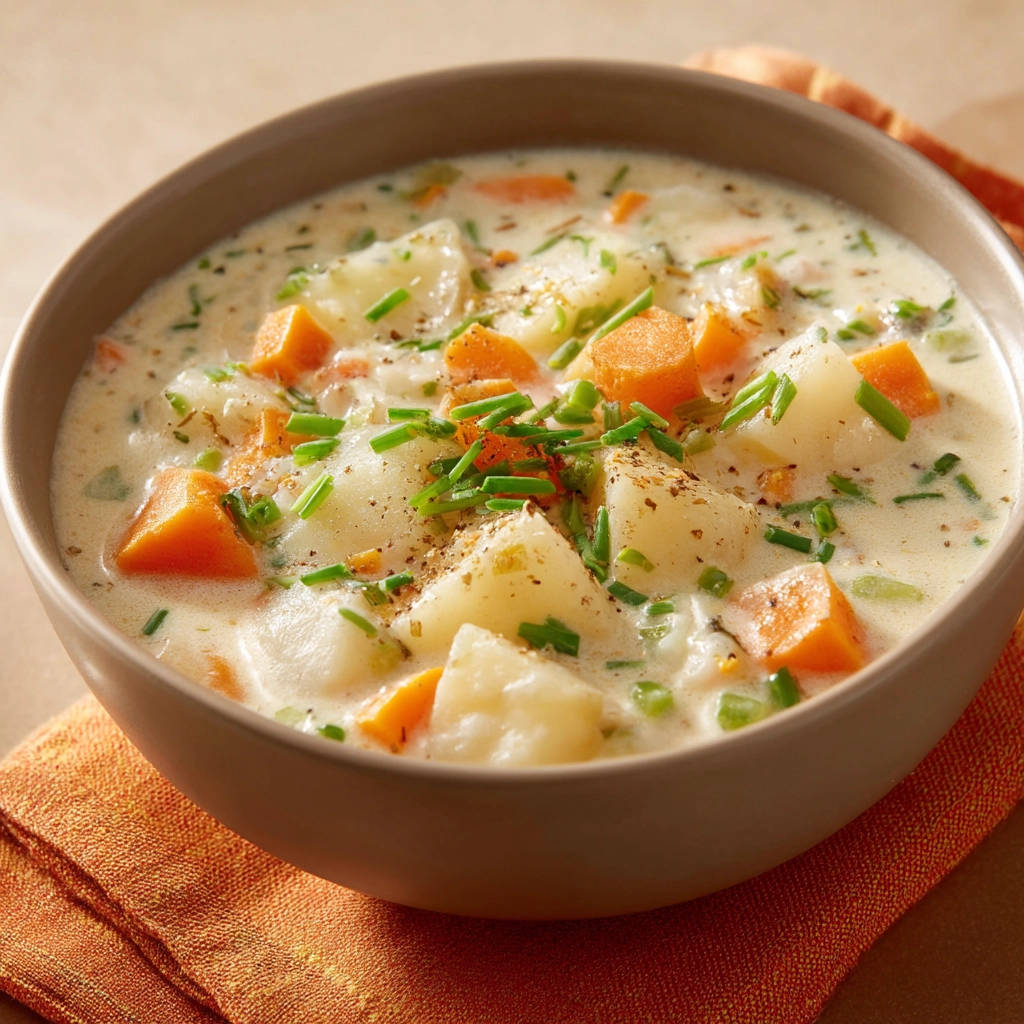 Kartoffel-Möhren-Suppe nah aufgenommen mit frischen Kräutern garniert und grob gemahlenem Pfeffer bestreut.