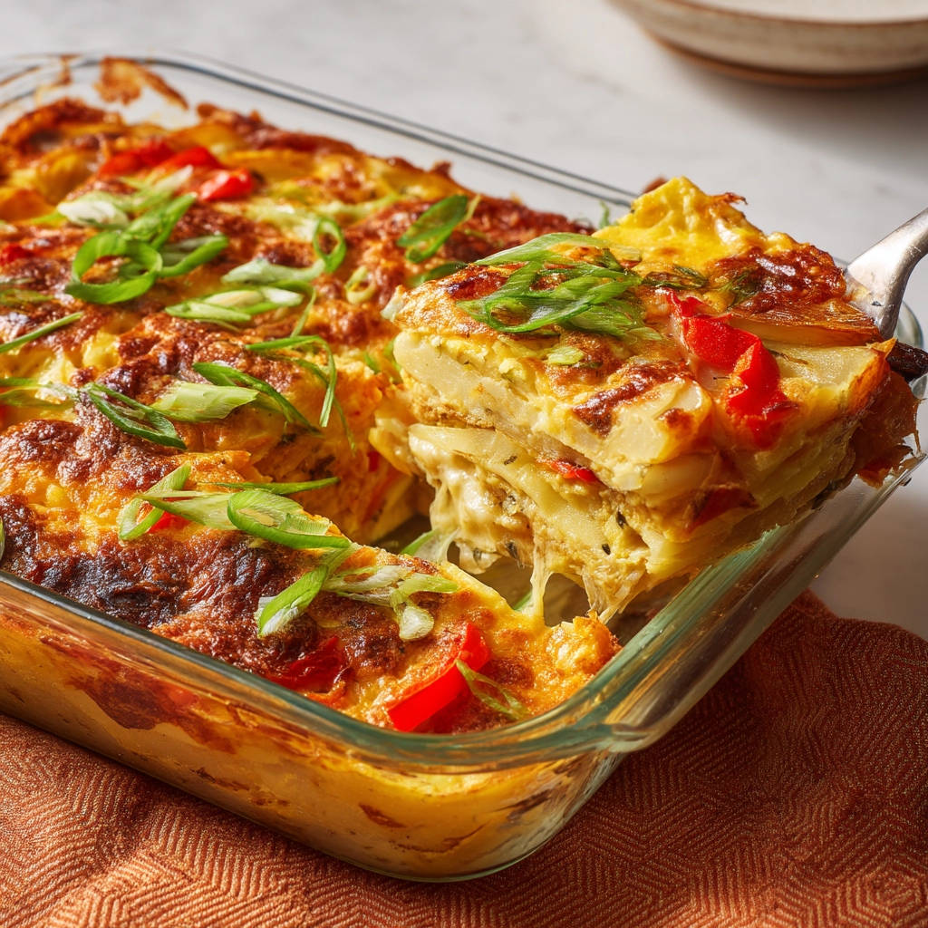 Kartoffel-Paprika-Auflauf angeschnitten auf einem Löffel, mit geschmolzenem Käse und frischen Frühlingszwiebeln garniert.