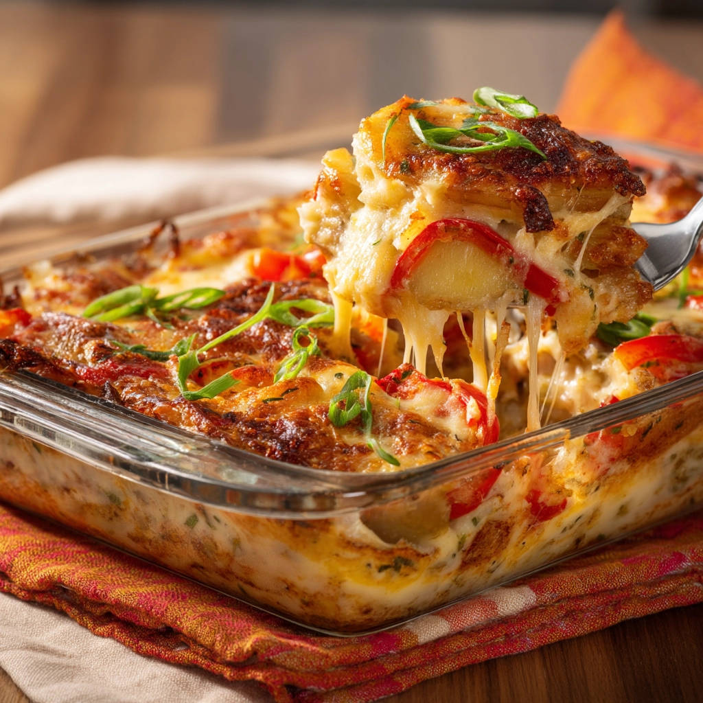 Kartoffel-Paprika-Auflauf angeschnitten mit Käse, der Fäden zieht, aus einer Auflaufform geschöpft.