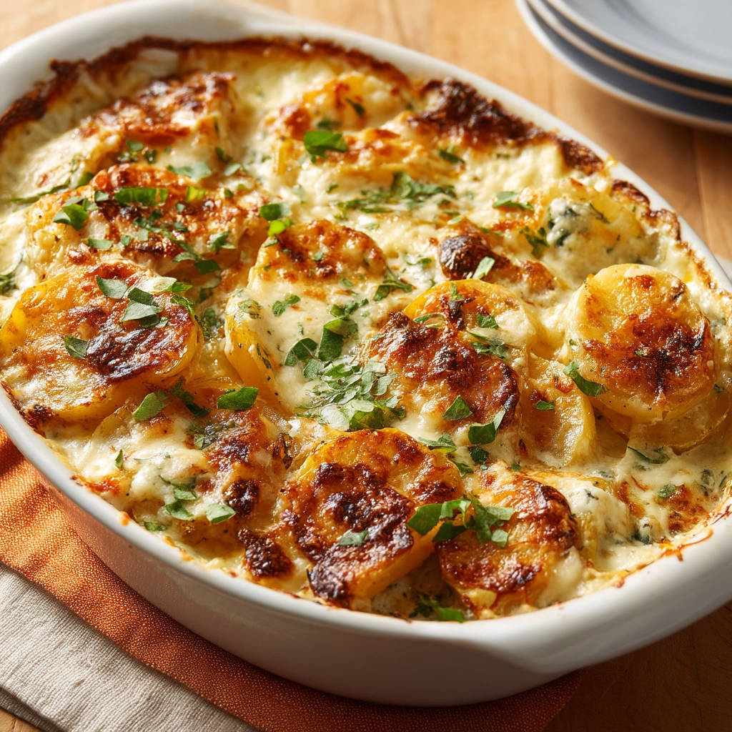 Kartoffelgratin, perfekt cremig und zart, in einer Auflaufform mit frischer Petersilie garniert und goldbraun gebacken.
