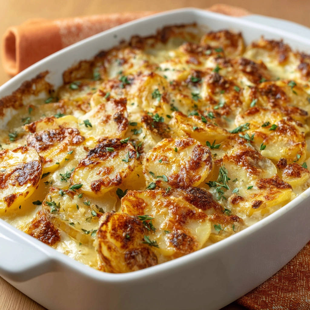 Kartoffelgratin mit cremiger Sauce und frischer Petersilie, nahaufnahme der gebackenen Kartoffelscheiben