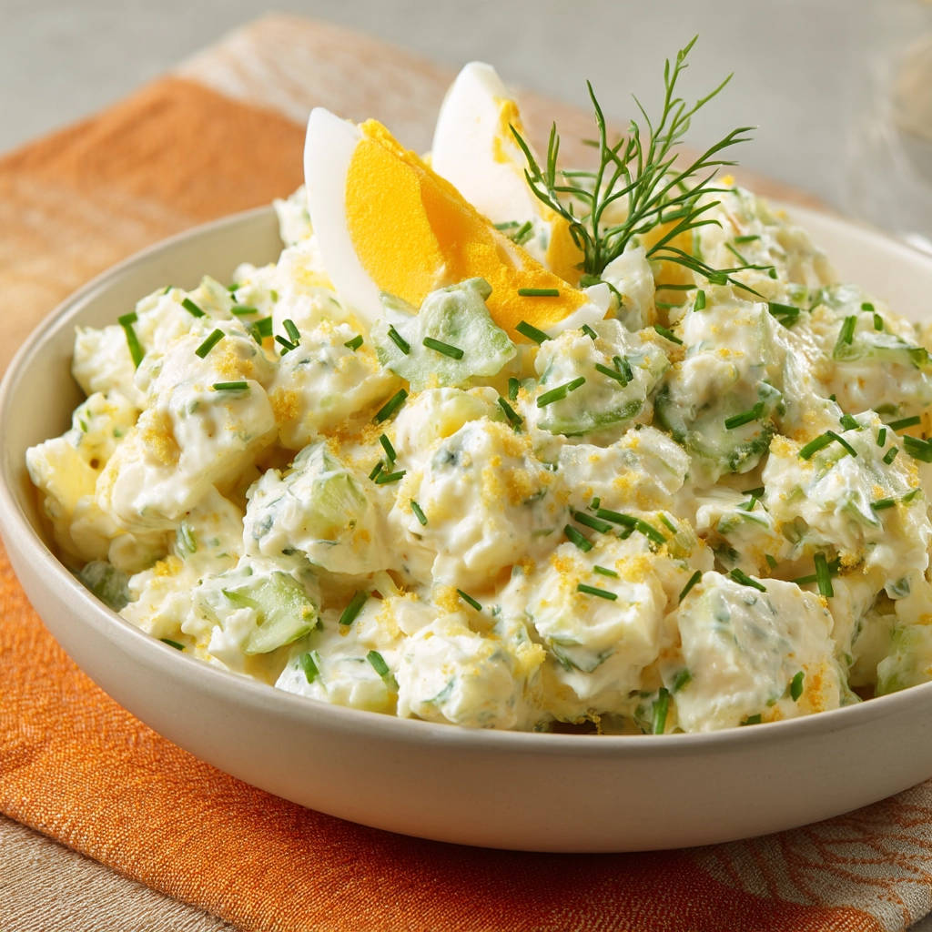 Klassischer Kartoffelsalat mit Ei, garniert mit frischen Kräutern und einem Dillzweig, zeigt eine cremige Textur.