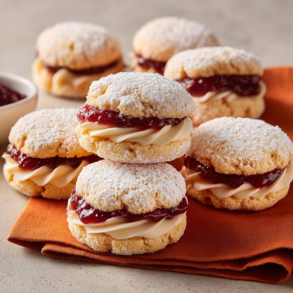 Kekssandwich mit Sahne und Marmelade, gestapelt auf einem orangefarbenen Tuch, mit Puderzucker bestäubt, Nahaufnahme.