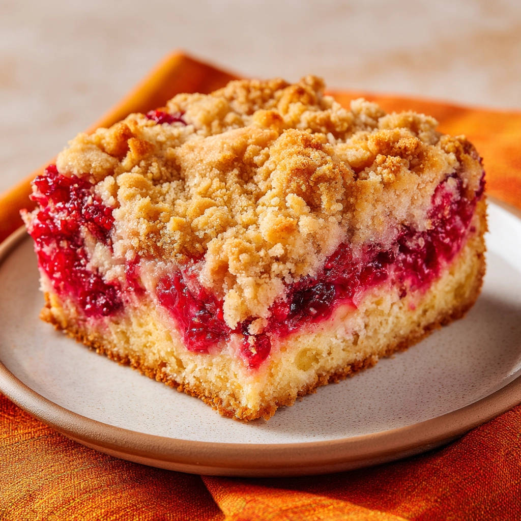 Kirsch Streuselkuchen angeschnitten auf einem Teller, mit einem Fokus auf den saftigen Kern und die knusprige Streuseldecke.