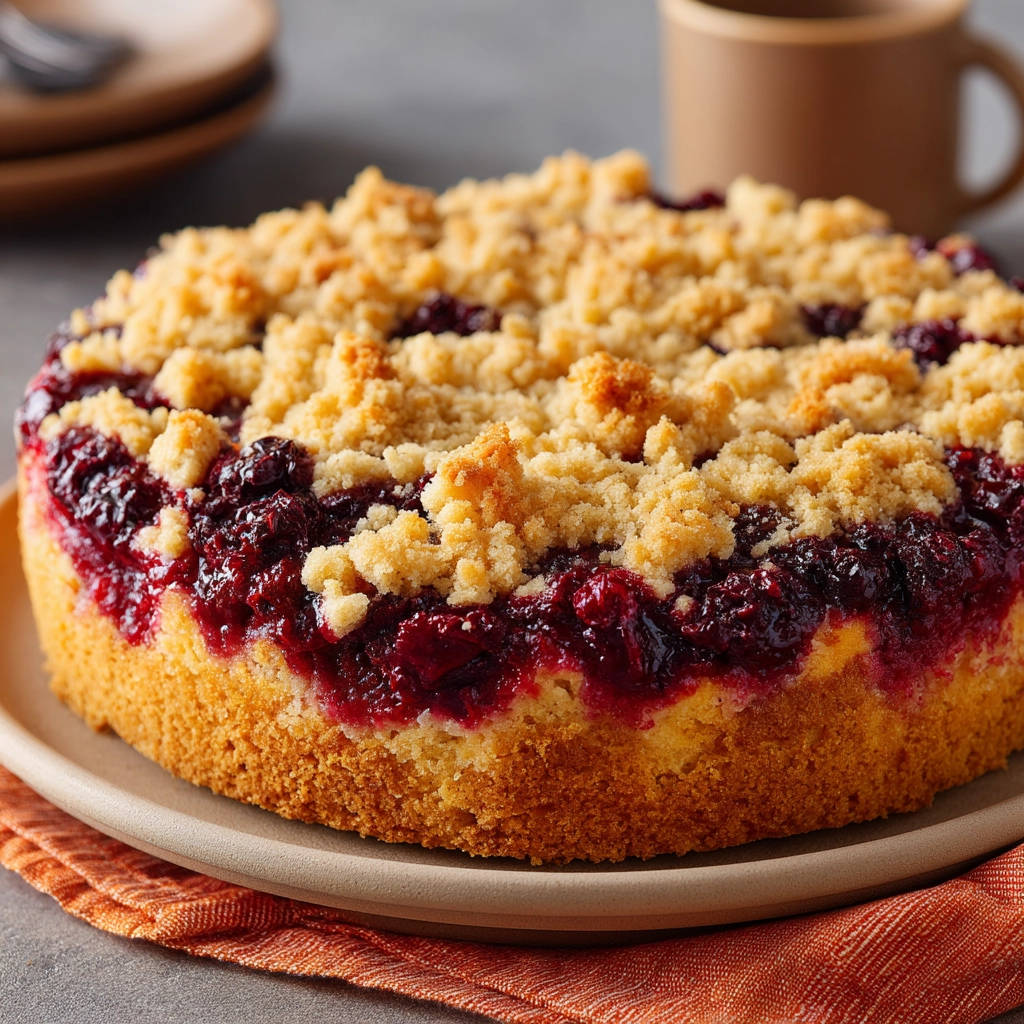 Kirsch Streuselkuchen mit knusprigem Streusel-Topping und saftigen Kirschen, nahaufnahme