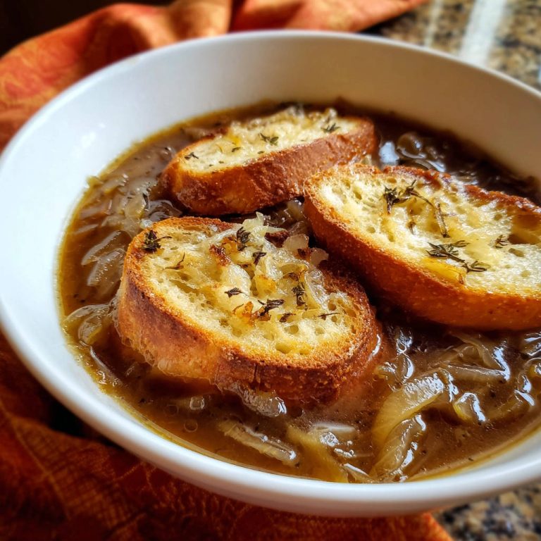 Klassische französische Zwiebelsuppe mit überbackenen Brotscheiben und Kräutern, nahaufnahme der Crostini.