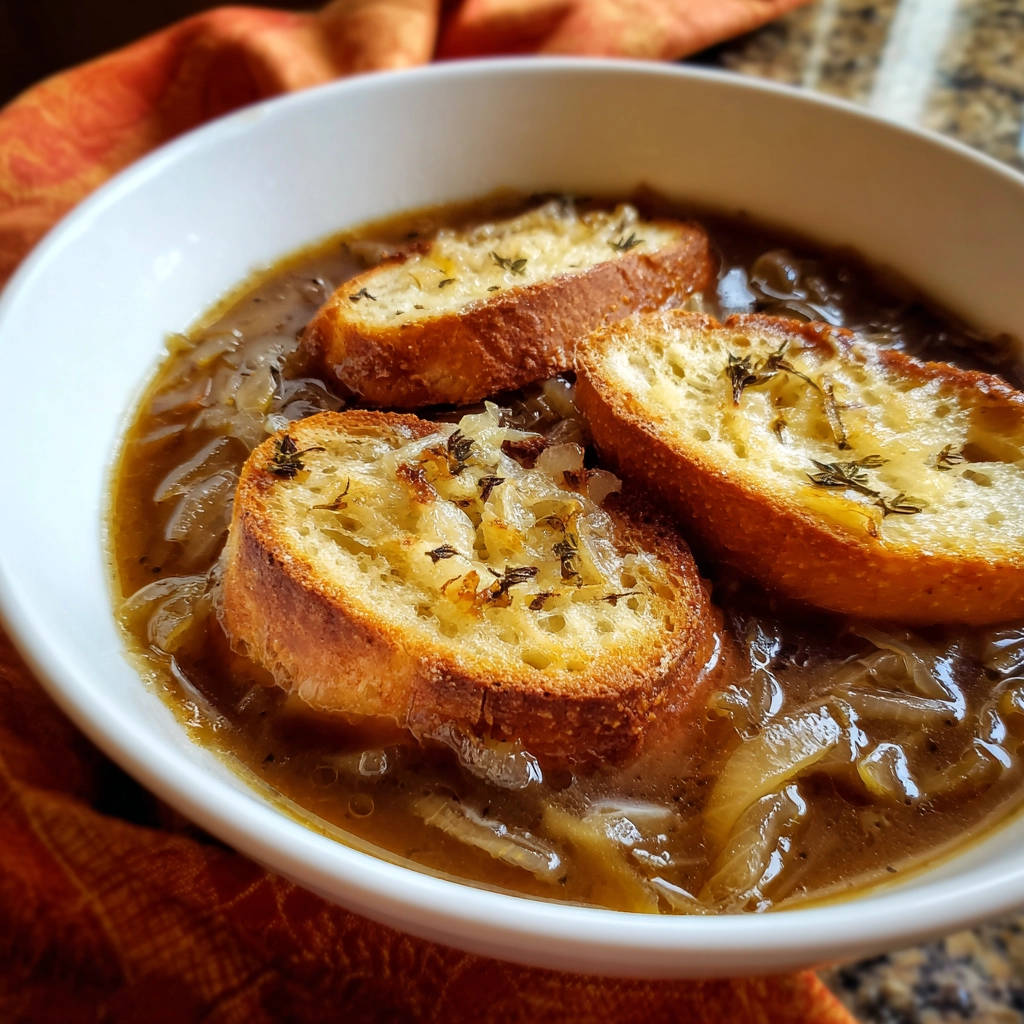 Klassische französische Zwiebelsuppe mit überbackenen Brotscheiben und Kräutern, nahaufnahme der Crostini.
