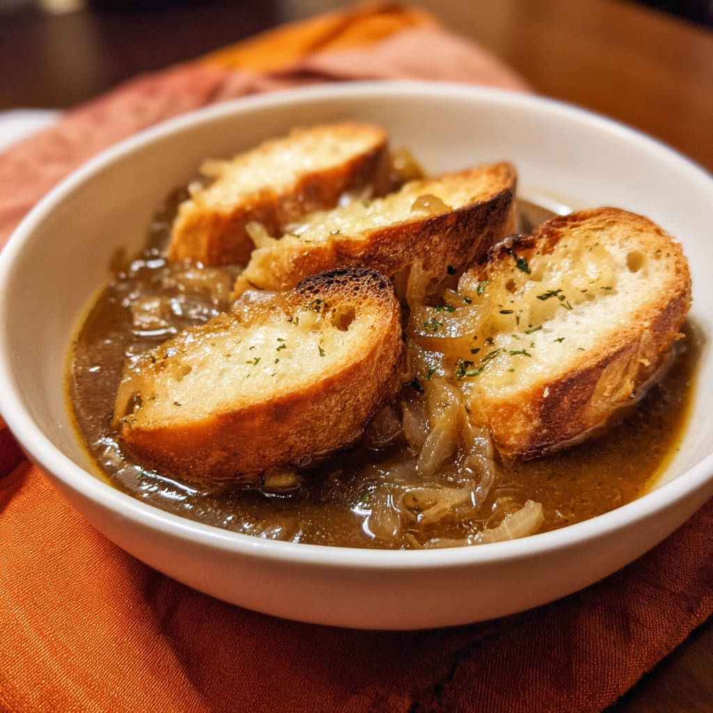 Klassische französische Zwiebelsuppe mit gerösteten Brotscheiben und Kräutern, nahaufnahme des garnierten Tellers.