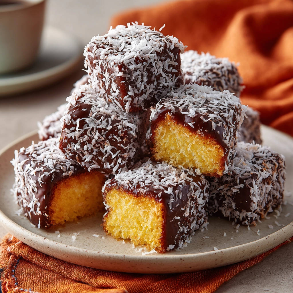 Klassische Lamingtons angeschnitten auf einem Teller, schokoladenüberzogen und mit Kokosraspeln bestreut, zeigen den saftigen Kuchen im Inneren.