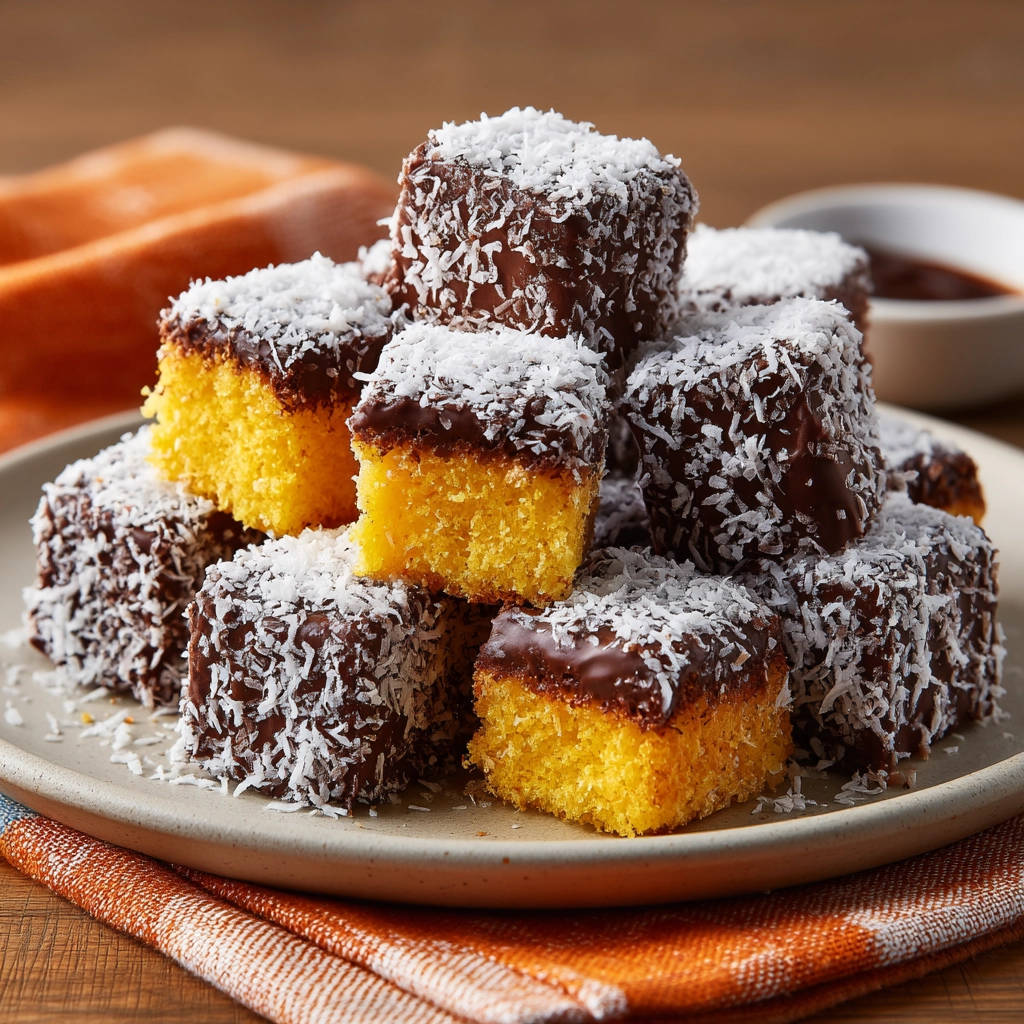 Klassische Lamingtons, gestapelt auf einem Teller und großzügig mit Schokolade und Kokosraspeln bestreut.