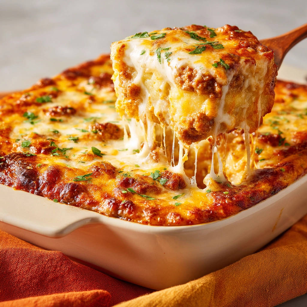 Klassische Lasagne al Forno mit heißem, geschmolzenem Käse, der Fäden zieht, frisch aus dem Ofen.