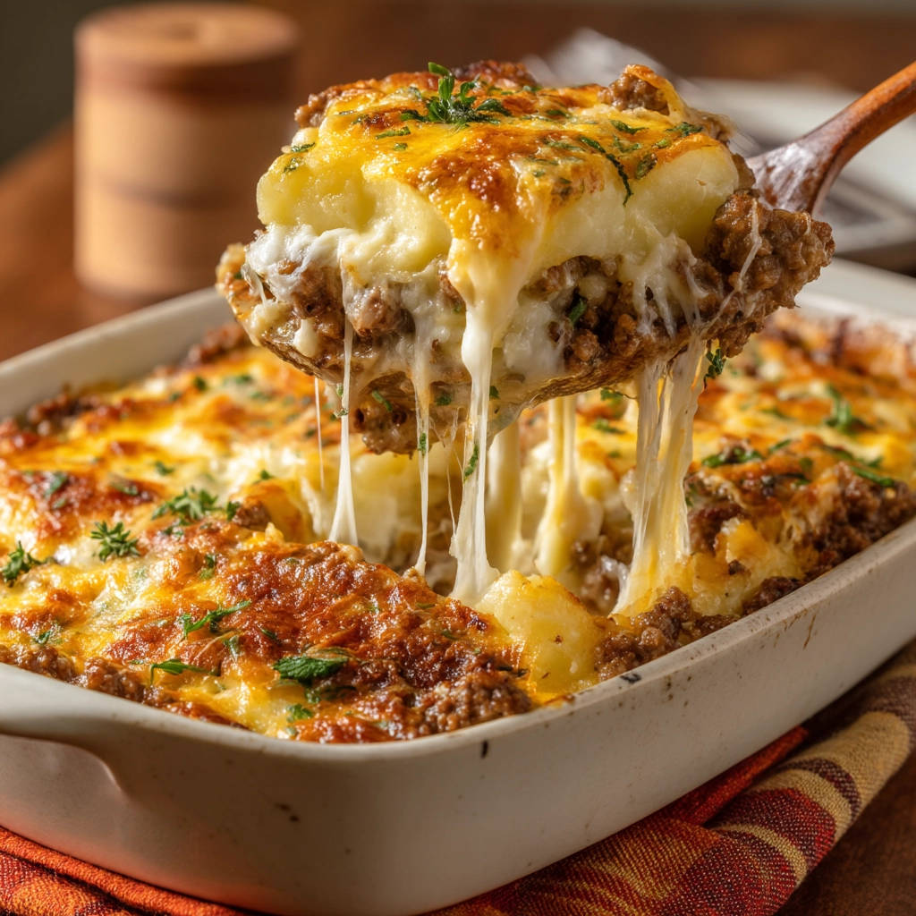Klassische Lasagne al Forno mit geschmolzenem Käse, der beim Servieren Fäden zieht und appetitlich aussieht.