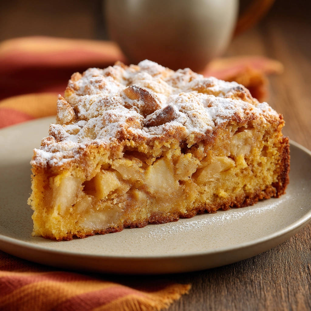 Klassischer Apfelkuchen mit Streuseln, ein angeschnittener Kuchen auf einem Teller mit Puderzucker bestreut