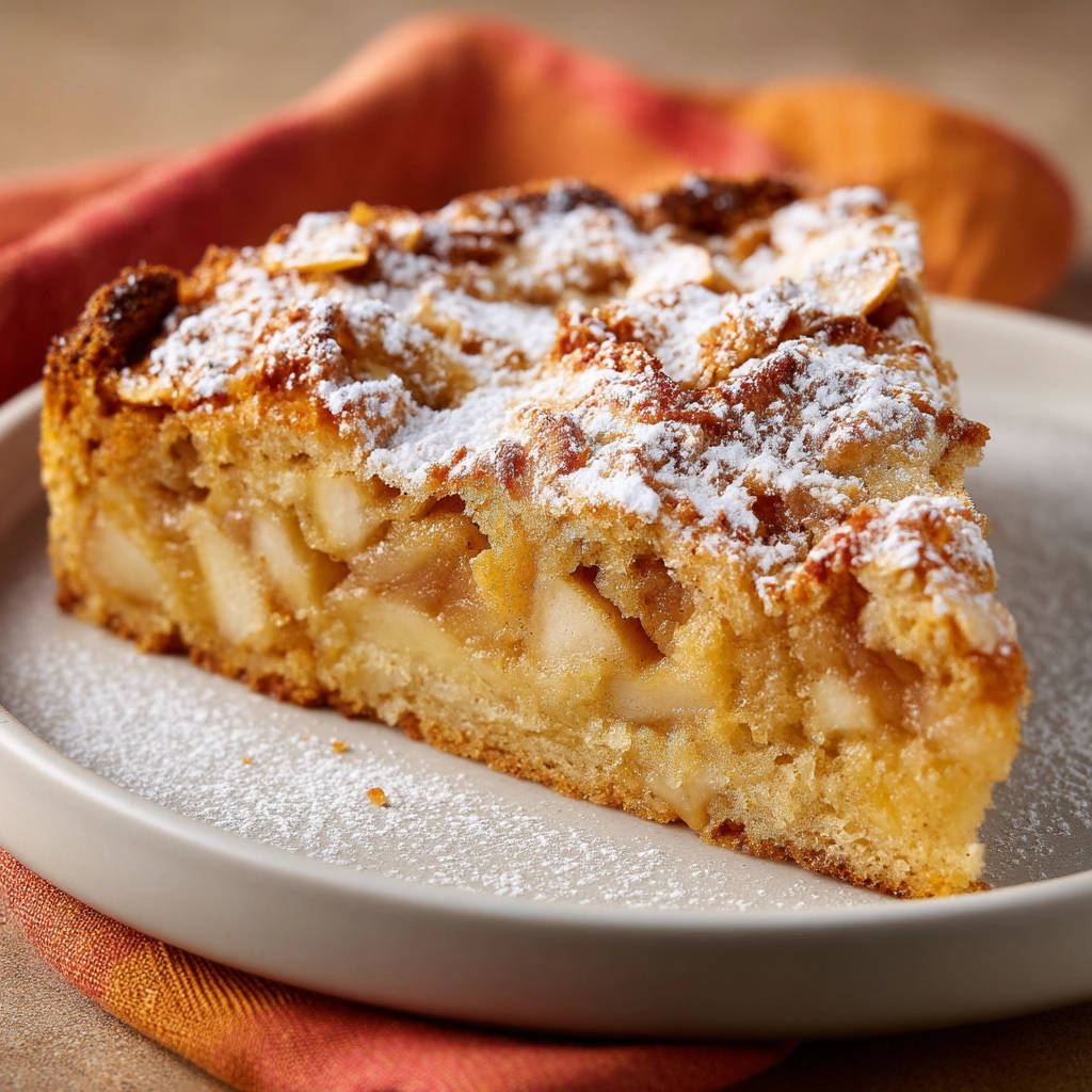 Klassischer Apfelkuchen mit Streuseln, angeschnitten auf einem Teller mit Puderzucker bestäubt, zeigt die saftige Apfelfüllung.