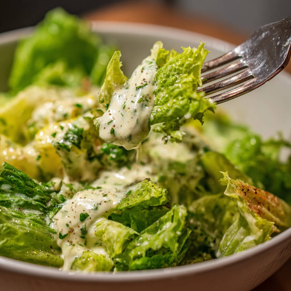Klassischer Caesar Salat mit cremigem Dressing auf einer Gabel, Nahaufnahme der Textur und des Fetakäses.