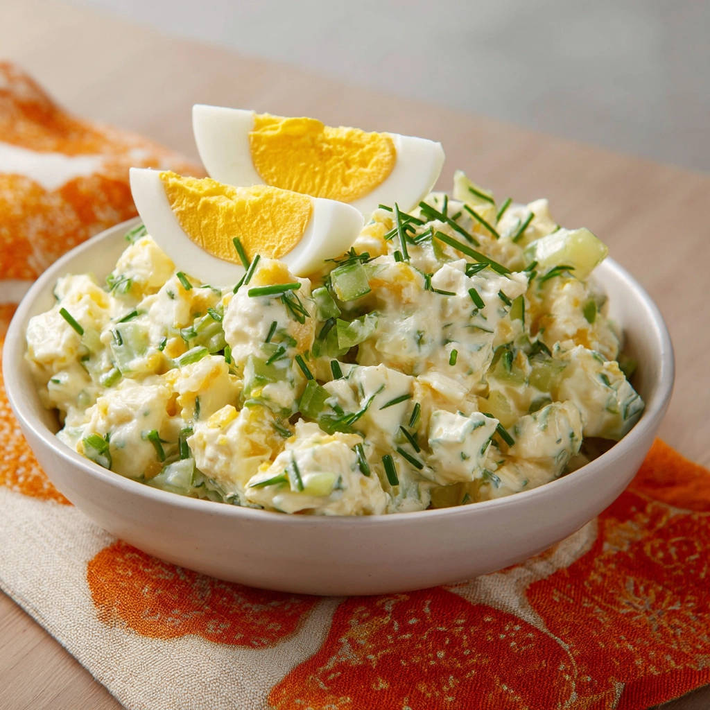Klassischer Kartoffelsalat mit Ei, cremig und mit frischen Kräutern und hartgekochten Eierspalten garniert
