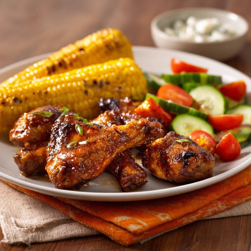 Klebrige BBQ Hähnchenflügel vom Grill nah aufgenommen mit Maiskolben und frischem Salat als Beilage auf einem Teller.