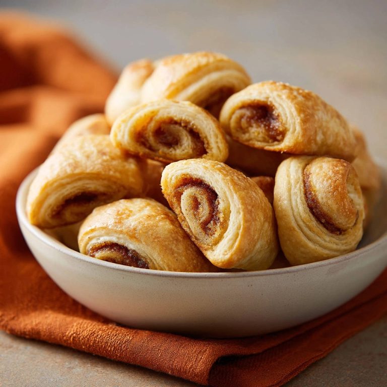 Kleine Zimtschnecken aus Blätterteig im Querschnitt, die das gebackene Blätterteiggebäck mit seiner Füllung zeigen.