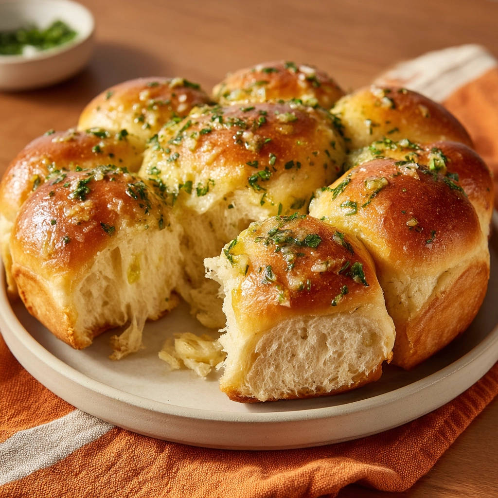 Knoblauch-Zupfbrot angeschnitten, das die saftige und luftige Krume zeigt, belegt mit Kräutern und Knoblauch.