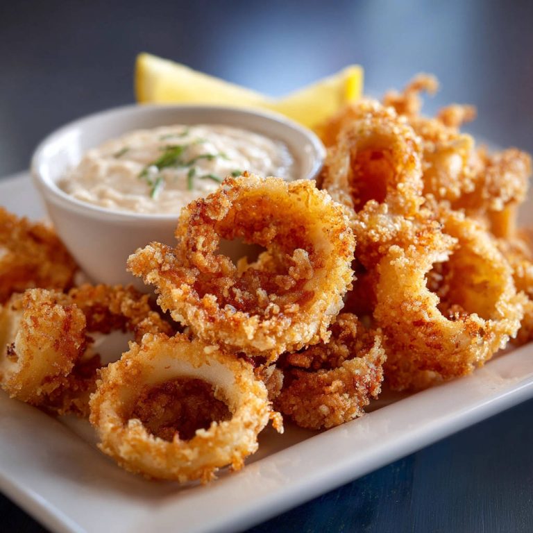 Knusprige Calamari Fritte mit Dip und Zitrone auf einem Teller, Nahaufnahme des goldbraunen Teigs