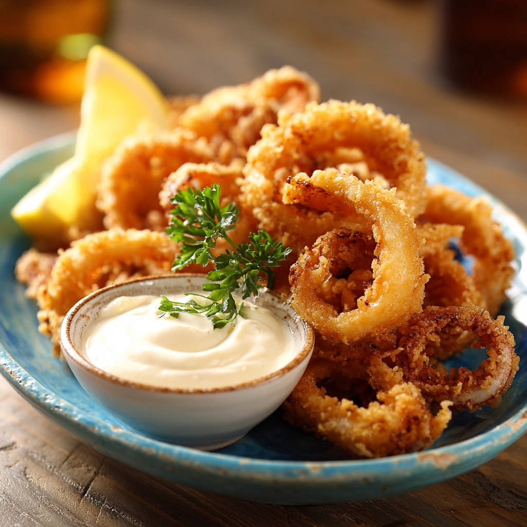 Knusprige Calamari Fritte mit cremigem Dip, Zitrone und Petersilie auf einem blauen Teller serviert.