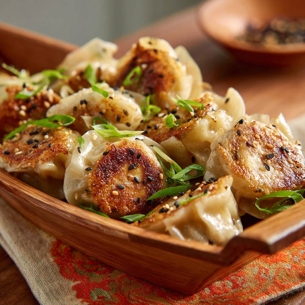 Knusprige Gyoza, serviert in einer Holzschale und garniert mit Sesam und Frühlingszwiebeln.