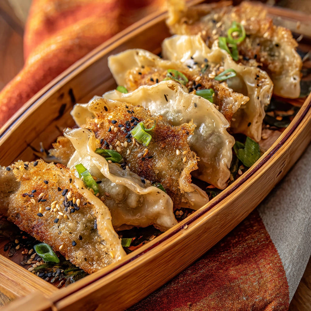 Knusprige Gyoza, serviert in einem Holzbehälter und garniert mit schwarzen und weißen Sesamkörnern sowie Frühlingszwiebeln.