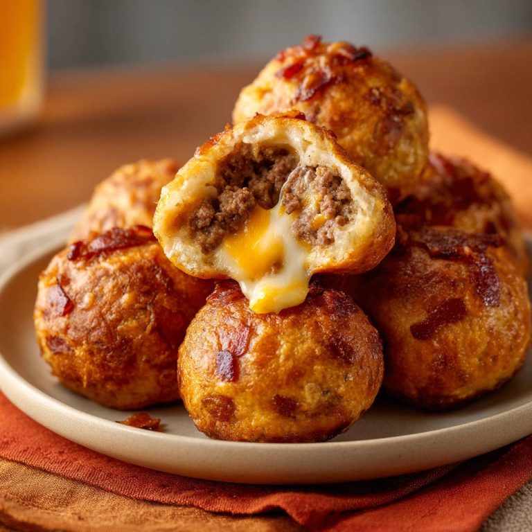 Knusprige Hackbällchen mit Käsefüllung angeschnitten, wobei der geschmolzene Käse herausläuft, was die herzhafte Füllung zeigt.