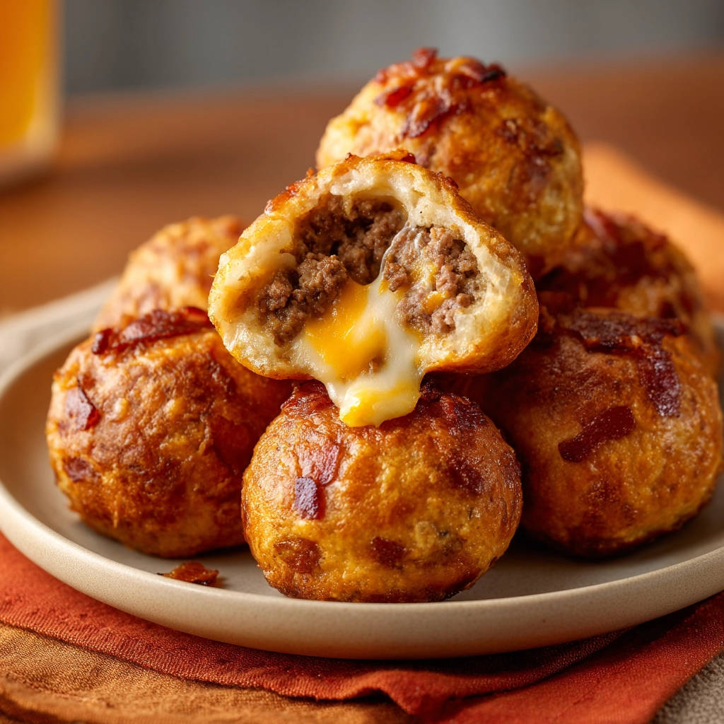 Knusprige Hackbällchen mit Käsefüllung angeschnitten, wobei der geschmolzene Käse herausläuft, was die herzhafte Füllung zeigt.