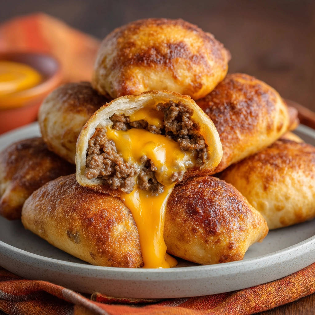 Knusprige Hackbällchen mit Käsefüllung, angeschnitten, zeigen den geschmolzenen Käse und das saftige Hackfleisch im Inneren.