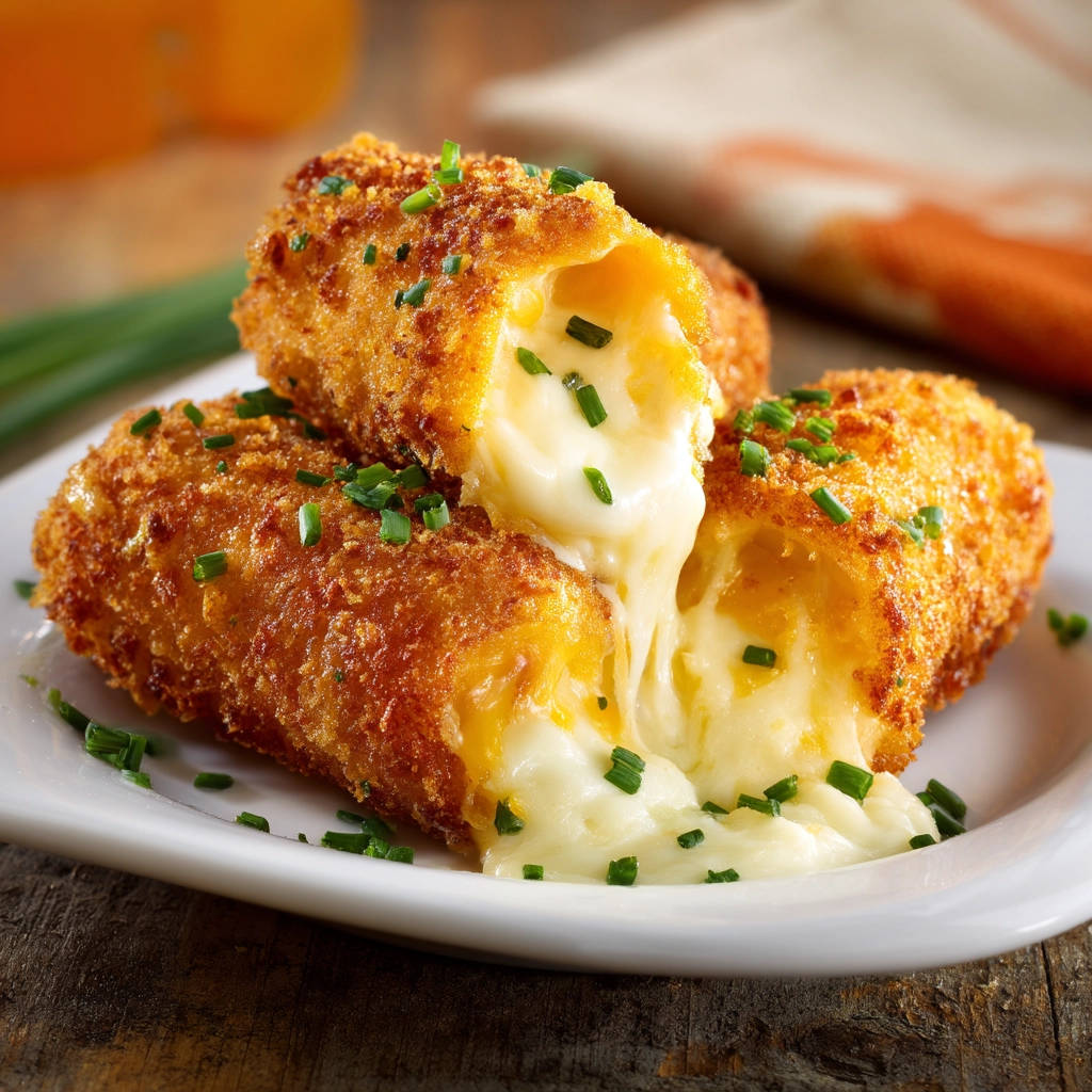 Knusprige Käse-Sticks, die nicht auslaufen, zeigen ihren geschmolzenen, zähflüssigen Käse im Anschnitt, garniert mit Schnittlauch.