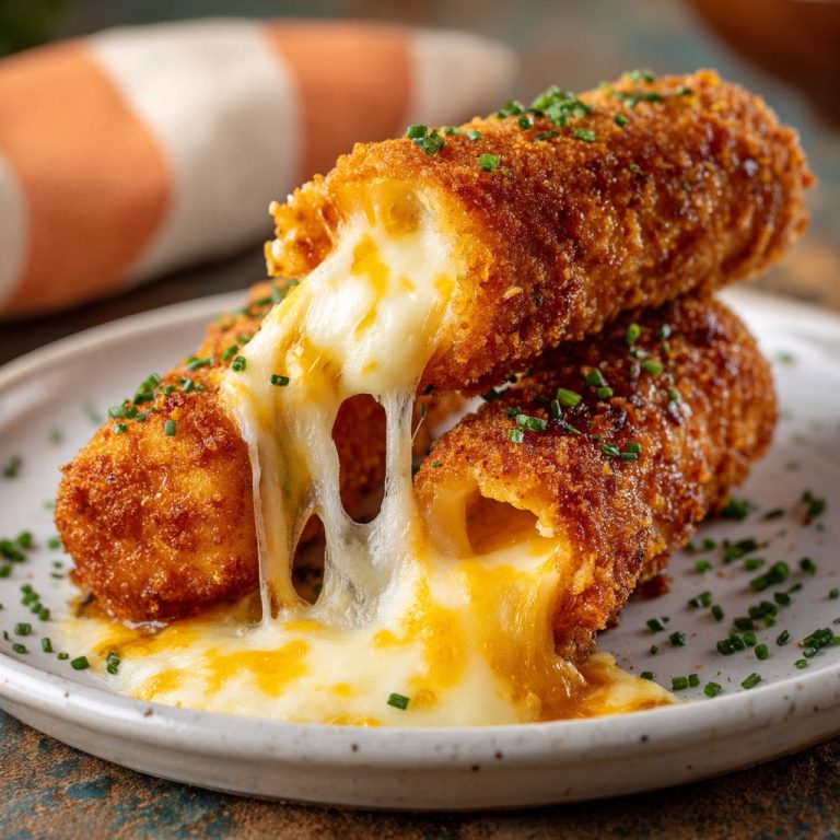 Knusprige Käse-Sticks, die nicht auslaufen, zeigen im Anschnitt ihren geschmolzenen, Fäden ziehenden Käse auf einem Teller.