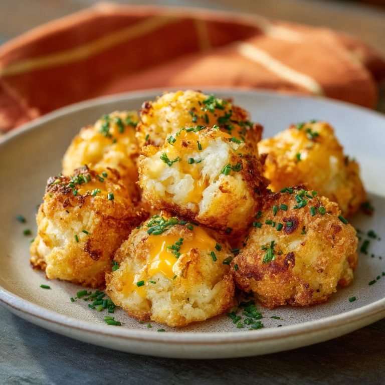 Knusprige Kartoffel-Käse-Bällchen angeschnitten, die den geschmolzenen Käse im Inneren enthüllen, bestreut mit Schnittlauch.