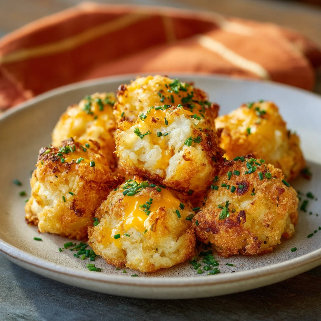 Knusprige Kartoffel-Käse-Bällchen angeschnitten, die den geschmolzenen Käse im Inneren enthüllen, bestreut mit Schnittlauch.