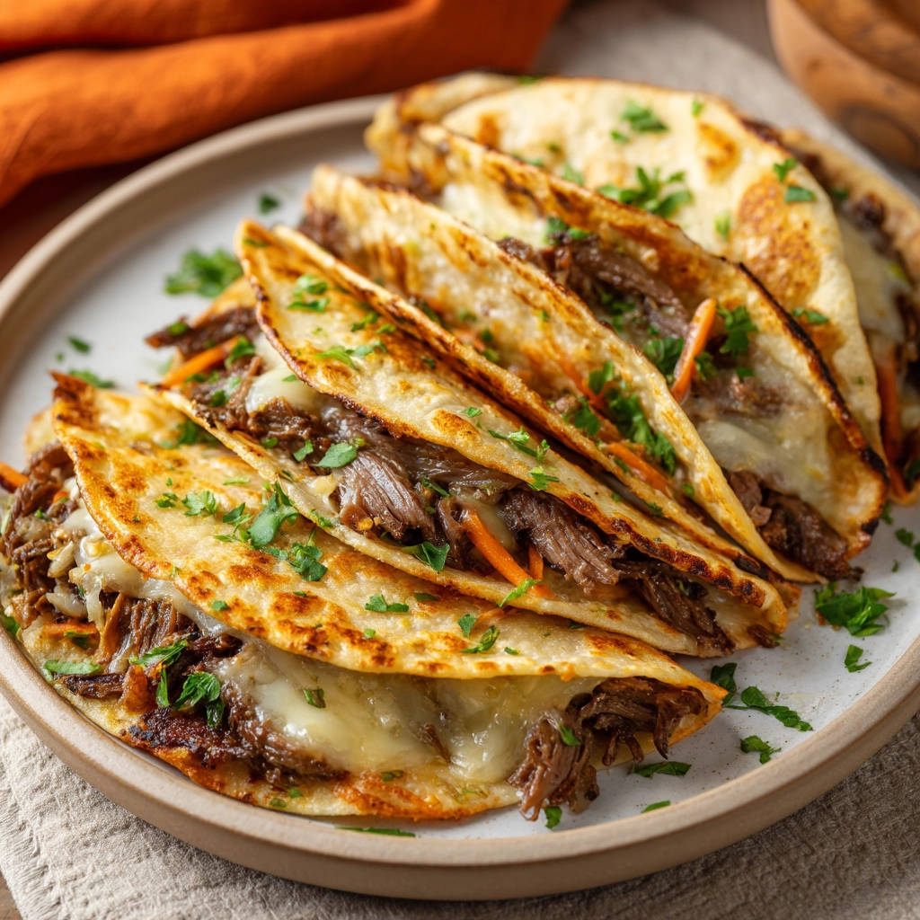 Knusprige Rindfleisch-Tacos mit geschmolzenem Käse auf einem Teller, nahaufnahme von der Seite fotografiert.