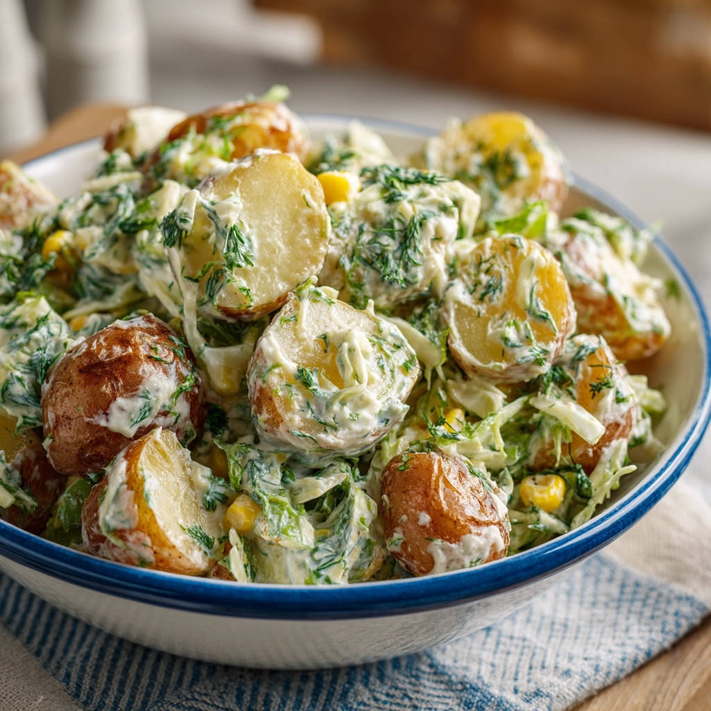 Knuspriger Kartoffelsalat mit frischen Kräutern und cremiger Soße, eine Nahaufnahme des sättigenden Gerichts.