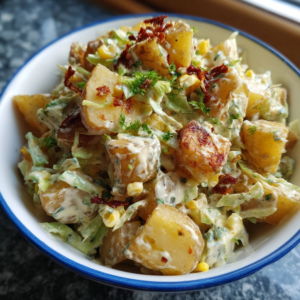 Knuspriger Kartoffelsalat als Nahaufnahme mit cremiger Sauce, Mais und frischen Kräutern garniert.