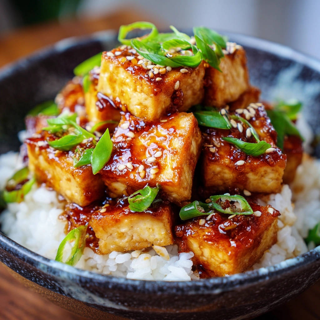 Knuspriger Tofu Süß-Sauer mit einem Detail der frischen grünen Garnitur und Sesamsamen.