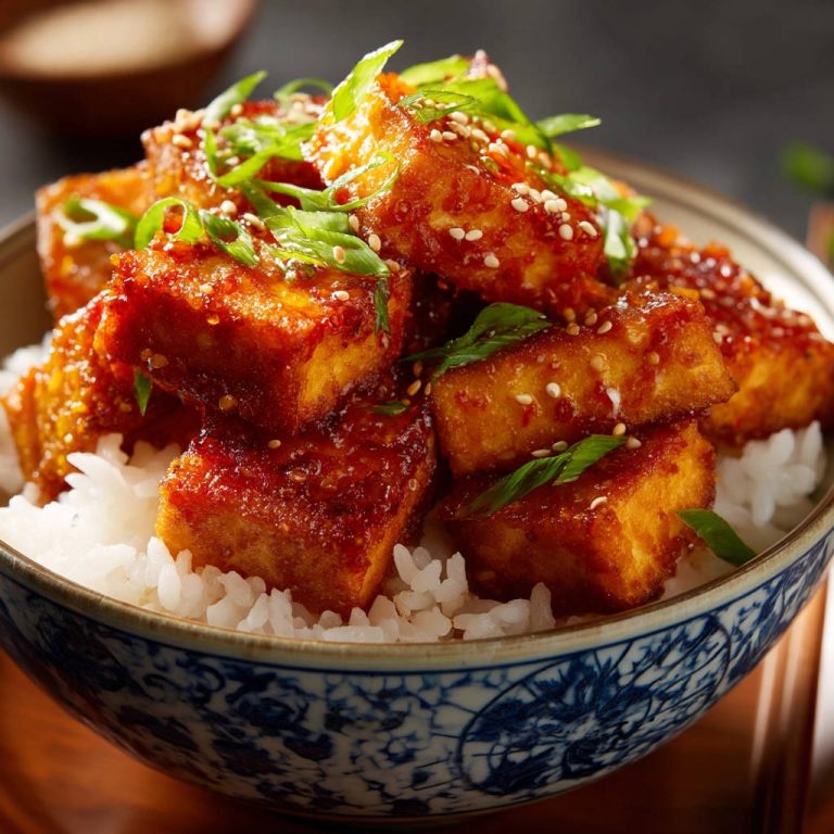 Knuspriger Tofu Süß-Sauer, serviert auf Reis und garniert mit Frühlingszwiebeln und Sesam.